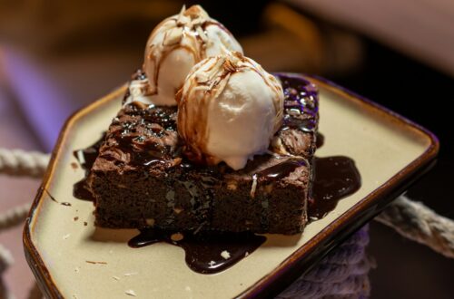 brownies with vanilla ice cream on top
